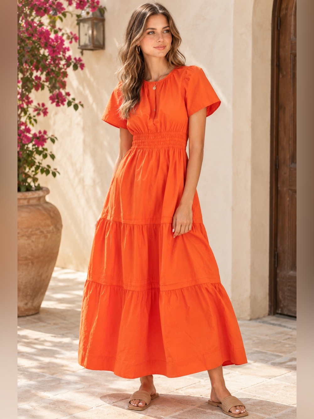 Quince 100% Organic Cotton Poplin Tiered Maxi Dress Vermillion Red Orange Medium